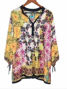 Johnny Was 100% Silk Floral Boho Romantic Tunic Blouse Top Multicolor Large